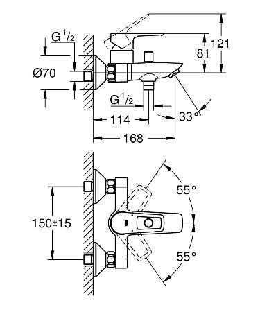 Смеситель для ванны с душем  GROHE BAU LOOP 23602001 (хром, длина излива-16,8), шт